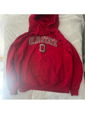 Red Y2K Embroidered Ohio State hoodie with white text and large white 'O' logo,